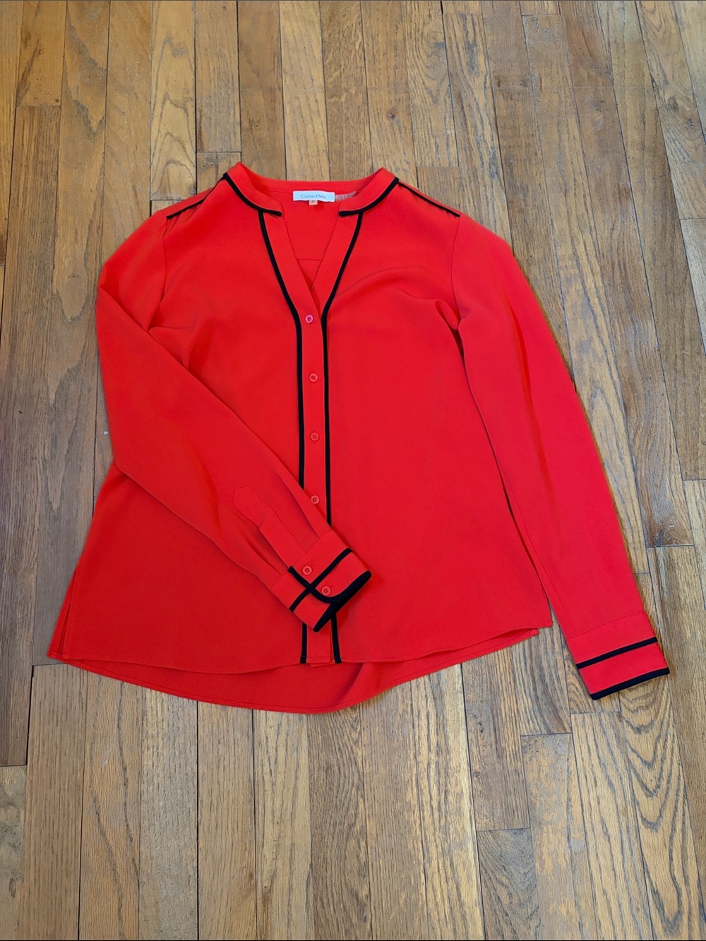 EUC Calvin Klein Red Orange Long-Sleeve Contrast-Trim Blouse S